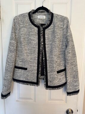 Calvin Klein Black & White Tweed Fringe-Trim Open Jacket